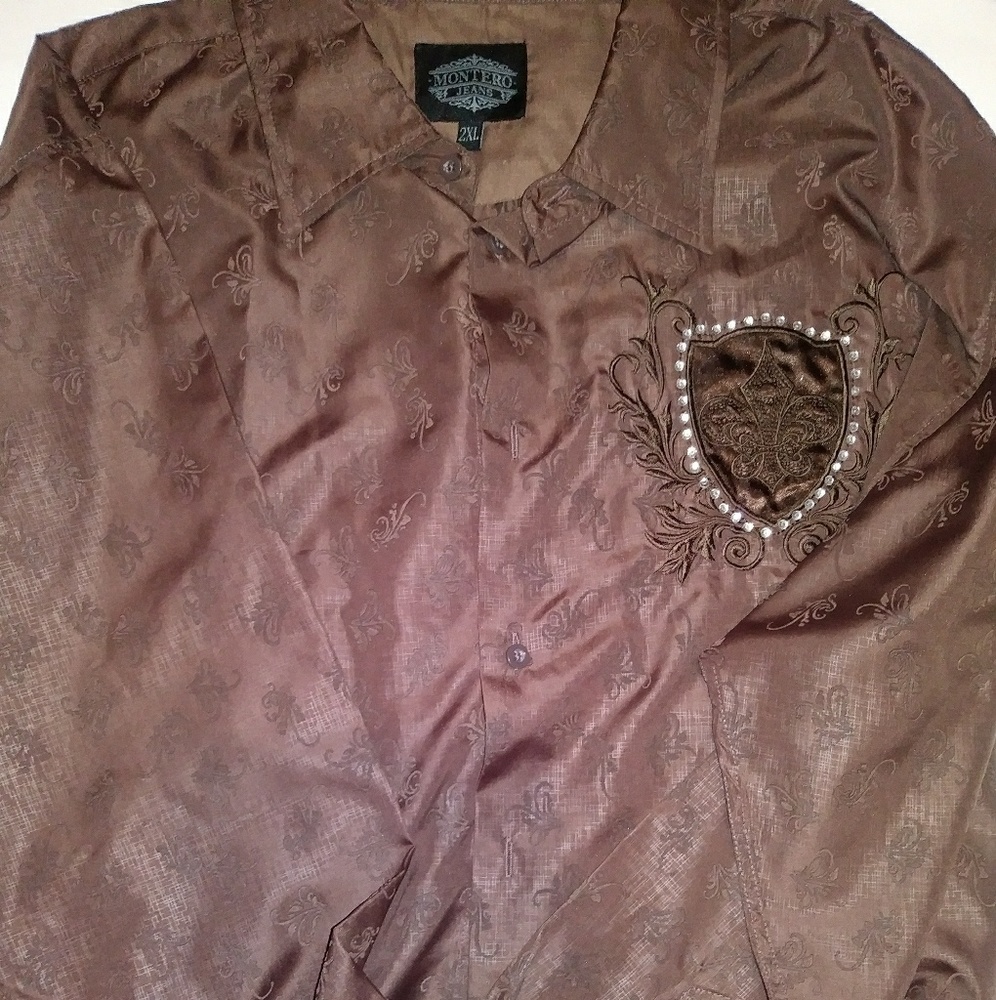 Brown montero jeans embroidered dress shirt